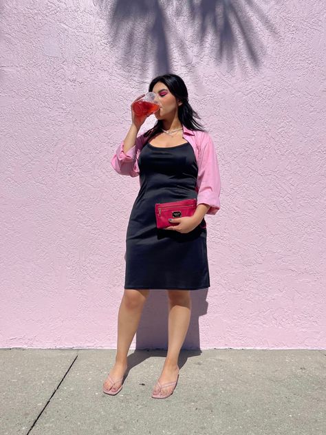 Silky black dress with pastel pink mens polo shirt and sandals with small heel Styling Black Dress, Pink Polo Shirt, Pink Polo, Valentine's Day Outfit, Day Outfit, Pink Shirt, Pastel Pink, Outfit Of The Day, Leather Skirt