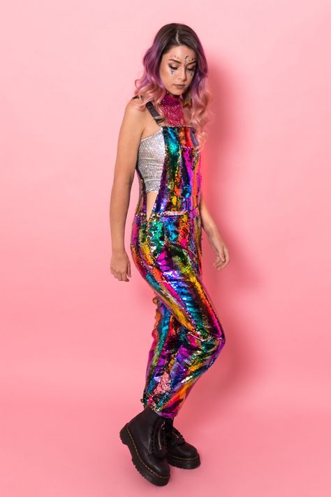 Rainbow Reversible Sequin Dungarees Disco Dancing, Music Festival Outfits, Character Aesthetics, All Eyes, Rave Outfits, Dance Outfits, Dungarees, Online Clothing Stores, Party Fashion