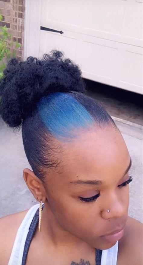 Stunk Strip Hairstyles Blue, Light Blue Skunk Stripe Hair, Blue Skunk Stripe Hair Curly, Hair Dye Skunk Stripe, Hair Dye Skunk, Skunk Stripe Hair Blue, Natural Hair Skunk Stripe, Blue Skunk Stripe Hair, Blue Skunk Stripe