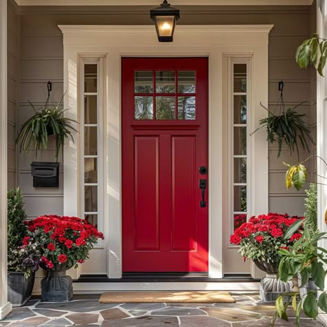 Eye-Catching Contrast with Crimson Red Outdoor House Colors • 333k+ Inspiring Lifestyle Ideas Red Exterior Doors, Red Doors On Houses, Red Exterior House Colors, Front Door Colour Ideas, Outdoor House Colors, Colonial Front Door, Red House Exterior, Outside House Decor, Red Door House