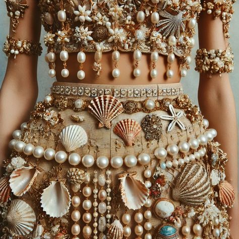 Suns out- Shells out! How incredible is this fit? Would you rock it? We totally would.   #vezza #vezzavibe #vezzastudiio #vezzasocal #seashells #shells #california #sandiego #mermaidcore Sea Shells Inspired Dresses, Shells On Clothes, Sea Shell Tops, Sea Shell Inspired Fashion, Seashell Mask, Beach Saree, Shell Corset, Seashell Clothing, Seashell Fashion