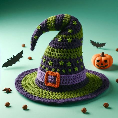 Crochet witch hat pattern perfect for Halloween, featuring green and purple stripes, stars, and an orange buckle. Crochet Witch Hat Pattern, Crochet Witch Pattern, Crochet Halloween Hat, Crochet Witch Hat, A Witch Costume, Crochet Witch, Witch Pattern, Crochet Autumn, Crochet Holiday