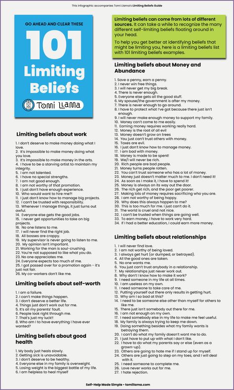 Limiting Beliefs List Infographic with 101 examples of beliefs by Tomi Llama Limiting Beliefs Quotes, Self Limiting Beliefs, Belief System, Losing 40 Pounds, Life Coaching Tools, Family Systems, Core Beliefs, Writing Therapy, Therapy Worksheets