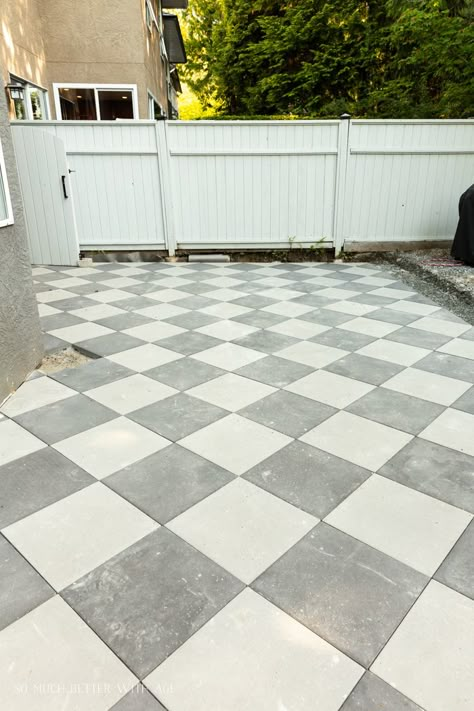 Checkerboard Concrete Pavers and a Yard Update - So Much Better With Age Checkered Floor, Outdoor Pavers, Outdoor Renovation, Backyard Renovations, Patio Tiles, Concrete Pavers, Backyard Inspo, Outdoor Tiles, Paver Patio