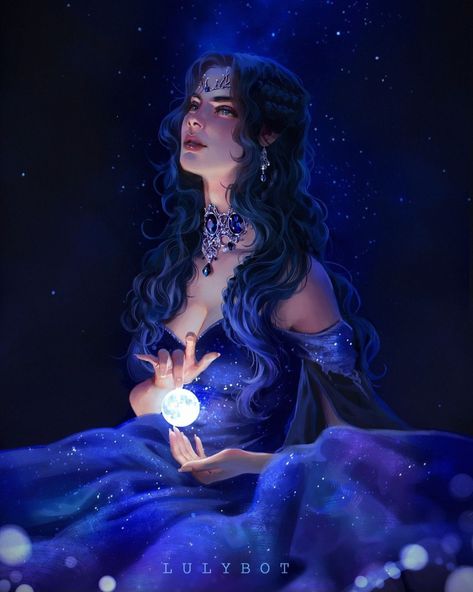 Star Goddess Art, Night Goddess, Star Sign Art, Blue Queen, Female Elf, Disney Princess Fan Art, Greek Mythology Art, Female Character Inspiration, Girly Drawings