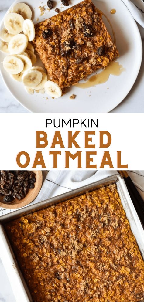 This healthy baked oatmeal is the best fall breakfast. Oats, warm spices, canned pumpkin, and caramelized brown sugar topping. If you love pumpkin spice anything, you'll want to bake this oatmeal for a brunch or cozy morning recipe! Pumpkin Healthy Breakfast, Pumpkin Spice Oatmeal Bake, Pumpkin Oatmeal Loaf, Pumpkin Banana Baked Oatmeal, Pumpkin Baked Oatmeal Recipes, Healthy Pumpkin Baked Oats, Pumpkin Rolled Oats, Healthy Pumpkin Oatmeal Bake, Fall Baked Oats