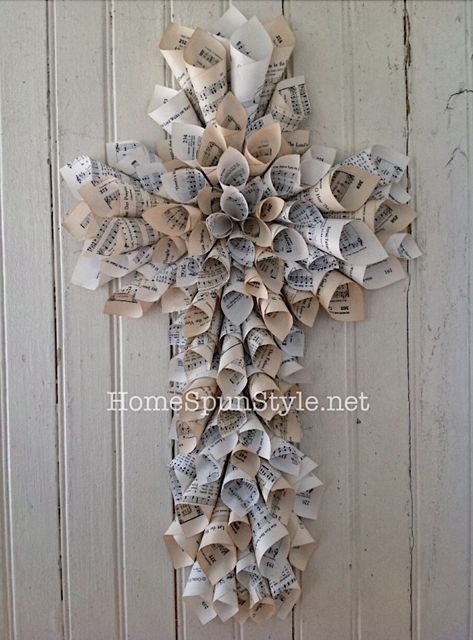 A Vintage Hymnal Paper Cross and the 2015 Women’s Retreat | Hymnal Crafts, Paper Cross, Sheet Music Crafts, Old Book Crafts, Craft Workshop, Cross Decor, Women's Retreat, Cross Wreath, Christian Crafts