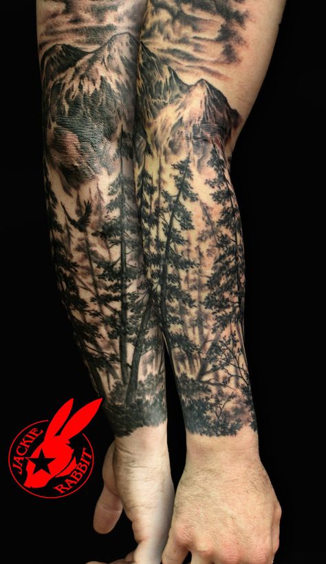 I like this, this fits better with my full sleeve idea, rather than most forest sleeves ending below the elbow. Natur Tattoo Arm, Tree Sleeve Tattoo, Tree Sleeve, Tree Tattoo Men, Mangas Tattoo, Nature Tattoo Sleeve, Tattoos Black, Tattoos Men, Tattoo Trend