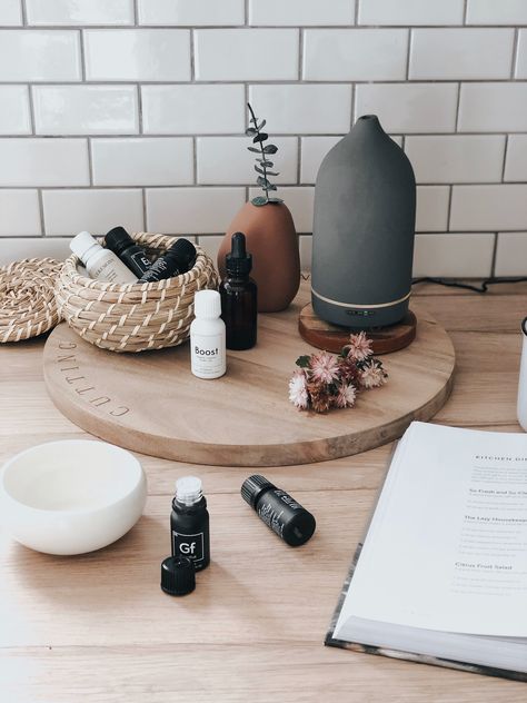 Diffuser Aesthetic Night, Diffuser Styling Ideas, Diffuser In Kitchen, Diffuser Display Ideas, Oil Diffuser Aesthetic, Diffuser Decor Ideas, Kitchen Diffuser, Vitruvi Diffuser, Diffuser Aesthetic