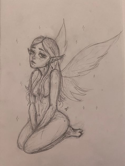 Fairy Pencil Drawings Sketches, Sketches Fairycore, Indie Sketches Doodles Fairy, Fairy Faces Drawings, Fairy Aesthetic Art Drawing, Artistic Sketches Ideas, Fairy’s Drawing, Fairy On Moon Drawing, Fairy Sketch Ideas