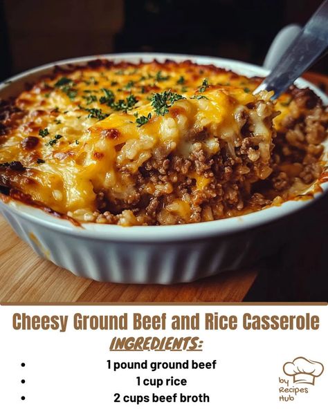 Cheesy Ground Beef and Rice Casserole Ground Beef And Rice Casserole, Cheesy Ground Beef And Rice, Beef And Rice Casserole, Hamburger Steak Recipes, Flavorful Rice, Cheesy Ground Beef, Ground Beef And Rice, Ground Beef Rice, Mexican Casserole Recipe