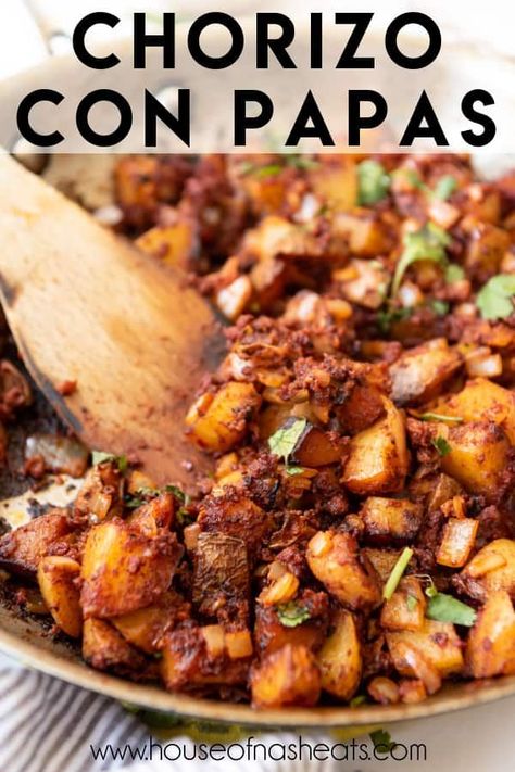 Chorizo con Papas is a classic Mexican dish that combines soft, seasoned potatoes with spicy chorizo sausage for a filling breakfast! | mexican breakfast recipes chorizo | mexican breakfast recipes authentic | mexican breakfast recipes easy | chorizo con papas recipes | papas con chorizo recipe Chorizo Y Papas Tacos, Colombian Chorizo Recipes, Chorizo Hash Recipe, Potatoes And Chorizo Recipes, Blackstone Chorizo Recipes, Chorizo Breakfast Scramble, Chorizo With Potatoes, Ground Pork Chorizo Recipes, Chorizo And Papas