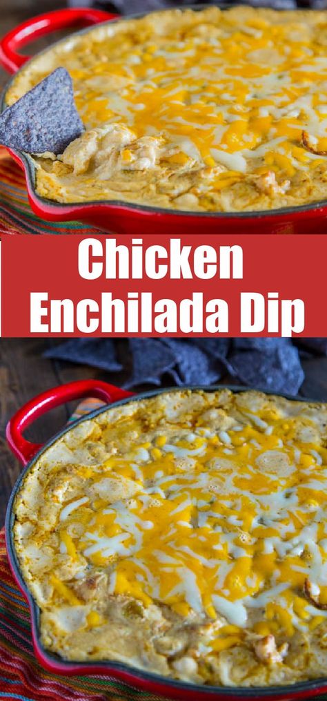 Green Chili Chicken Enchilada Dip - Bubbling hot gooey, cheesy enchilada dip. Turn your favorite green chili chicken enchiladas into a dip perfect for game day. Enchiladas Dip Recipe, Green Chili Chicken Enchilada Dip, Cheesy Chicken Enchilada Dip, Crockpot Chicken Enchilada Dip, Hot Chili Chicken, Chicken Enchilada Dip Easy, Enchilada Dip Crockpot, Chicken Enchilada Dip With Cream Cheese, Chicken Enchilada Dip Crock Pot