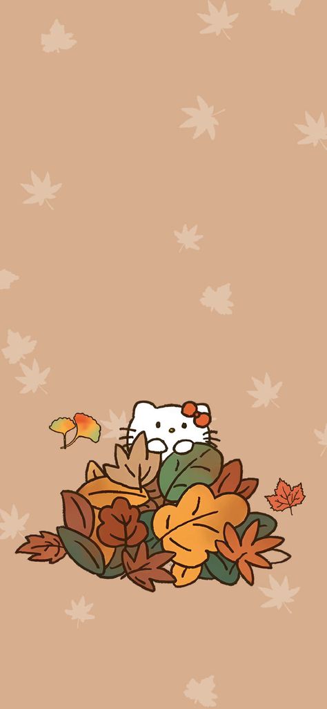 Fall Wallpaper Hello Kitty, Hello Kitty Thanksgiving Wallpaper, Sanrio Fall Wallpaper, Brown Hello Kitty Wallpaper, Fall Hello Kitty Wallpaper, Wallpaper Layouts, Kitty Pics, Thanksgiving Wallpaper, Fall Background