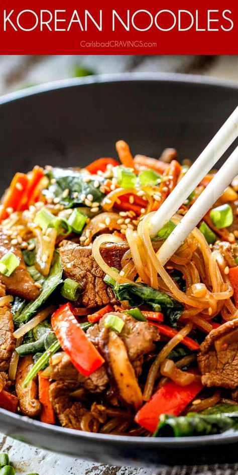 Korean Spicy Noodles, Spicy Korean Noodles, Korean Sweet Potato, Korean Noodles, Carlsbad Cravings, Sesame Sauce, Spicy Korean, Spicy Noodles, Juicy Steak