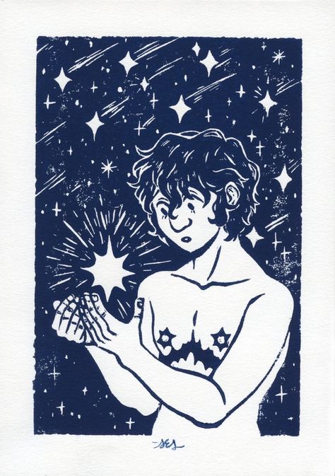 Shooting Star Linocut Prints - Etsy Star Linocut, Space Lino Print, Linoleum Print Ideas, Trans Pride Art, Queer Linocut, Linoleum Printmaking, Screen Print Art, Linocut Ideas, Face Stencils