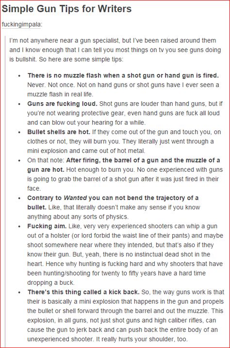 Simple gun tips for writers. If you're going to write about using a gun, get it right. Tips For Writers, Tips For Writing, Writer Tips, Writing Characters, Writing Dialogue, Writers Write, Book Writing Tips, Art Simple, Writing Resources