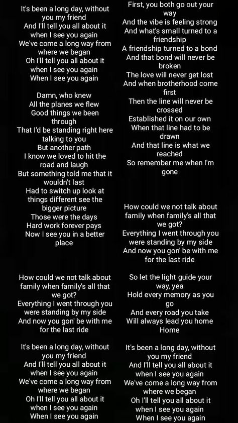 See you again lyrics See You Again Tattoo, When I See You Again, See You Again Song, Guitar Acoustic Songs, See You Again Lyrics, Fast Furious Quotes, Catchy Words, 40th Reunion, Funny Truth Or Dare