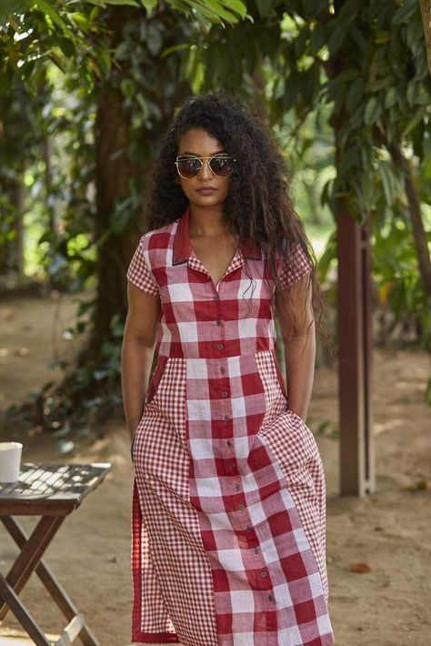 Khadi Kurta Designs, Checks Kurti Designs, Salwar Suit Neck Designs, Simple Indian Suits, Khadi Kurta, Frill Shirt, Indian Kurti Designs, Simple Kurta Designs, Designer Kurti Patterns