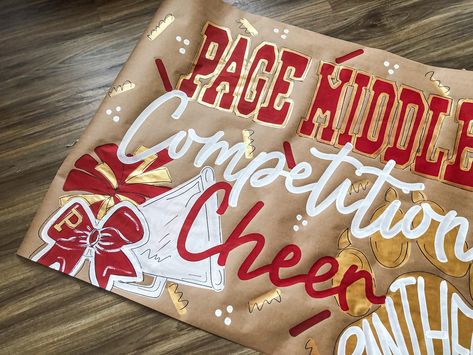 The cutest banner for a cheer team 🫶🏼✨🎀 #cheer #banner #banners #handpainted #eventbanner Cheer Poster Ideas, Cheer Posters Ideas Signs, Cheerleading Camp, Trifold Board, Cheer Football, Cheer Posters, Team Cheer, Cheer Signs, Cheer Spirit