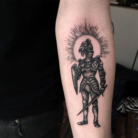 The Emperor Tattoo, Greek Mythology Tattoos Traditional, American Traditional Knight Tattoo, Knight Tattoo Traditional, Knight Tattoo Sleeve, Astral Tattoos, Medieval Knight Tattoo, Traditional Knight Tattoo, Knight Tattoo Design