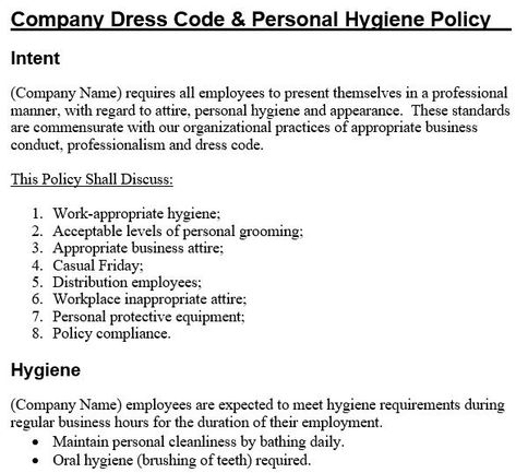 company dress code and personal hygiene policy template Business Professional Dress Code, Dress Code Policy, Employee Handbook Template, Business Casual Dress Code, Job Cover Letter, Letter Template Word, Job Description Template, Action Plan Template, Policy Template