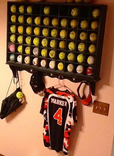 Softball Storage Ideas, Softball Gear Organization, Softball Display Ideas, Softball Display, Homerun Ball Display, Softball Room Ideas, Softball Bedroom Ideas, Softball Decorations Room Ideas, Softball Helmet Holder