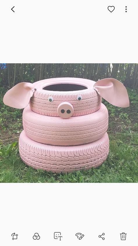 Pig tire planter, homemade Repurposed Tire, Painted Tires, Tire Craft, Reuse Old Tires, Tire Garden, Tire Art, Tire Planters, Sensory Garden, Tyres Recycle