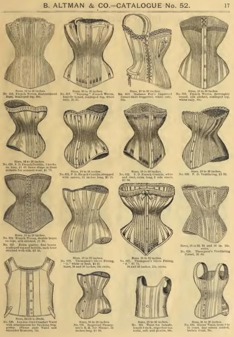 Late Victorian Era Ladies' Corsets - 1886 B. Altman & Co. Catalog  Top row, Second from left.  No. 617. Sizes 20 to 26 inches, "Nursing", French woven, heavily boned, scalloped top, white only, 1.37 Victorian Corsets, Era Victoria, Victorian Era Fashion, Corset Styles, Victorian Corset, History Fashion, 19th Century Fashion, Victorian Clothing, Edwardian Fashion