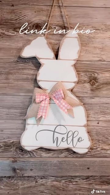 Wooden Bunny Door Hanger, Wood Bunny Door Hanger, Easter Door Hangers Wooden, Easter Door Hangers, Spring Door Hangers, Easter Crafts Dollar Store, Door Decoration Ideas, Valentines Door, Wood Bunny