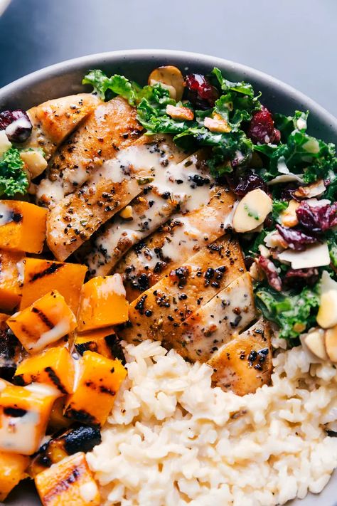 Harvest Bowl Sauce, Chicken Harvest Bowl, Dinner Ideas Aesthetic, Honey Dijon Sauce, Aesthetic Food Healthy, Grilled Butternut Squash, Food Dinner Ideas, Harvest Bowls, Honey Dijon Chicken