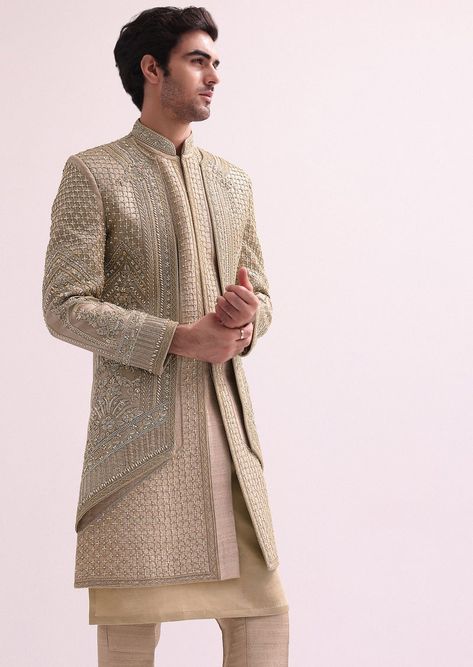 Beige Double Layered Raw Silk Sherwani Set Wedding Outfit Groom Indian, Sherwani For Men Engagement Indian Groom, All Beige Outfit Men, Best Groom Suits Weddings, Indian Fashion For Men, Men Sherwani Designs Style, Wedding Dresses Men Indian Style, Mens Groomsmen Outfits, Sangeet Outfit For Groom