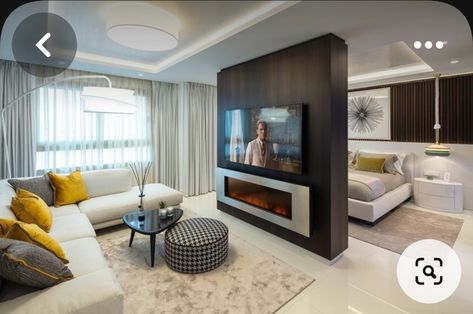 Bedroom With Lounge Area Master Suite, Bedroom Ideas Tv Area, Small Bedroom Lounge Area Ideas, Tv In Master Room, Tv In The Middle Of The Room, Tv Area In Bedroom, Lounge Area In Bedroom, Bedroom Lounge Area Ideas, Main Bedroom Ideas Master Suite