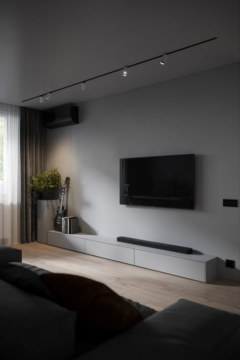 Small minimalistic interior, livingroom in gray color Tv Cabinet Wall Design, Sitting Area Design, Minimalistic Interior, Neoclassical Interior, Paris Decor, Apartment Aesthetic, Interior Design Architecture, Tiny Apartment, Minimalism Interior