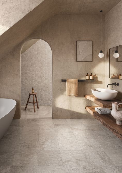 Minimalist bathroom with grey tiles, bath tub and sink Stone Tile Bathroom, Travertine Floor Tile, Limestone Floor Tiles, Marble Effect Tiles, Concrete Bathroom, Limestone Flooring, Stone Bathroom, Beige Tile, Beige Bathroom