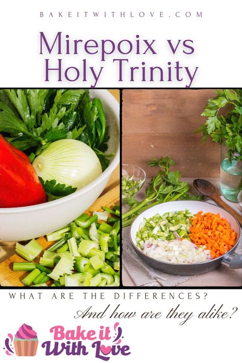 Mirepoix vs Holy Trinity: A guide to the similarities and differences between these essential cooking bases! From ingredients to cooking methods, we are going to cover everything you need to know! These two mixtures are the secret to bold and flavorful dishes! BakeItWithLove.com #bakeitwithlove #mirepoix #holytrinity #cooking #french #creole #cajun Mirepoix Based Recipes, Mirepoix Recipe Dishes, Mirepoix Recipe, Cajun Trinity, French Creole, Classic French Dishes, Flavorful Vegetables, Cajun Cooking, French Dishes