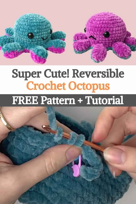 Diy Reversible Octopus, Crochet Reversable Octopus, Small Crochet Amigurumi Animals, Crochet Patterns Stuffed Animals Easy, Reversible Octopus Plush Crochet, Diy Crochet Stuffed Animals, Quick And Easy Crochet Stuffed Animals, Crochet Reversible Amigurumi Free Pattern, Cute Stuffed Animals To Crochet