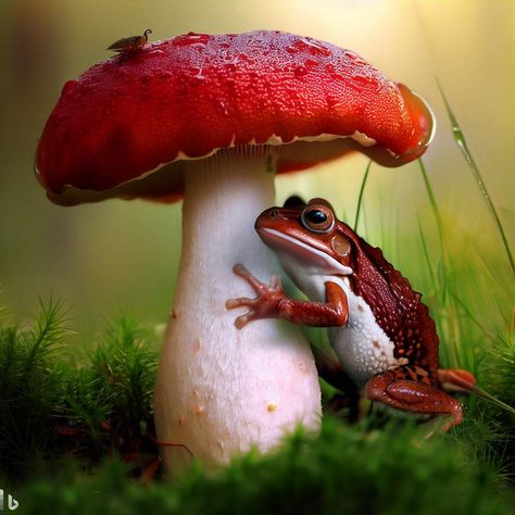 Ai generated Animals On Mushrooms, Mouse Under Mushroom, Mushroom Refrences Photos, Mushroom Reference Photo, Frogs On Mushrooms, Frog Under Mushroom, Frog Reference, Mushroom Reference, Red Cap Mushroom