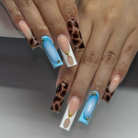 #nails #nailart #nailtech #fall #nail2inspire #nailsart #autumnseason #naildesign #fallnails Blue Cheetah Print Nails, Fall Nails French Tip, Fall Nails French, Blue Aura Nails, Acrylic Nails Fall, Colourful Acrylic Nails, Nail Pics, Cheetah Print Nails, Nails French Tip