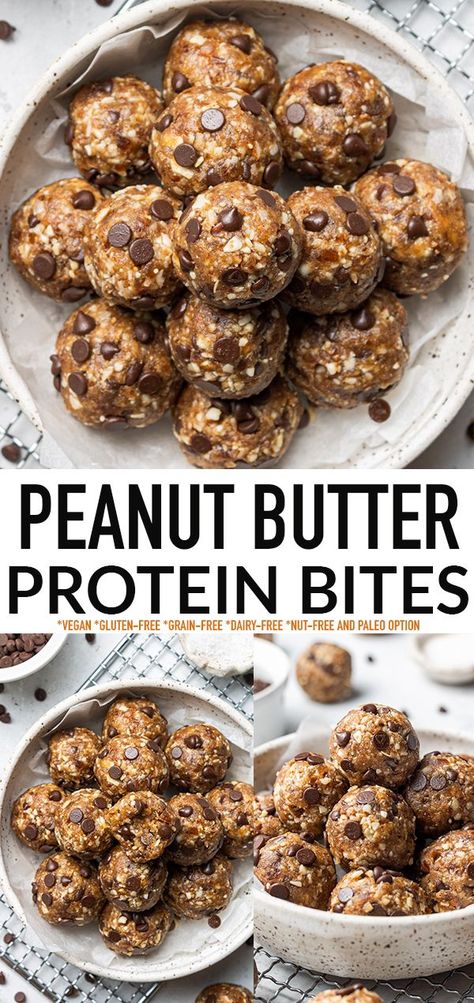 These Peanut Butter Protein Balls are made with healthy dates, creamy peanut butter, dairy-free chocolate chips and make the perfect grab-and-go breakfast or pre or post-workout snack! These chocolate cip energy balls are packed with flavor, protein, and take just 10 minutes to whip up! Gluten-free, grain-free, vegan and freezer-friendly and easily paleo-friendly. Paleo Protein Balls, Paleo Energy Balls, Chocolate Protein Balls, Peanut Butter Protein Balls, Protein Balls Healthy, Peanut Butter Energy Balls, Energy Balls Healthy, Dairy Free Protein, Healthy Snacks To Make