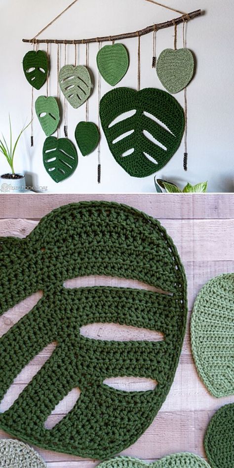 Diy Crochet Home Decor, Free Crochet Pattern Home Decor, Crochet Plant Leaves, Tropical Crochet Patterns, Crochet Interior Decor, Crochet Wall Decor Free Pattern, How To Crochet Leaves, Crochet Room Decor Free Pattern, Monstera Plant Crochet