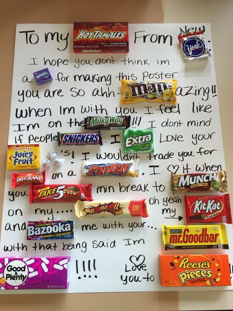 Loved this candy board Candy Poster Board, Candy Notes, Poster Boards, Candy Board, Love Poems For Him, Candy Poster, Poems For Him, Cute Date Ideas, Notes Gift