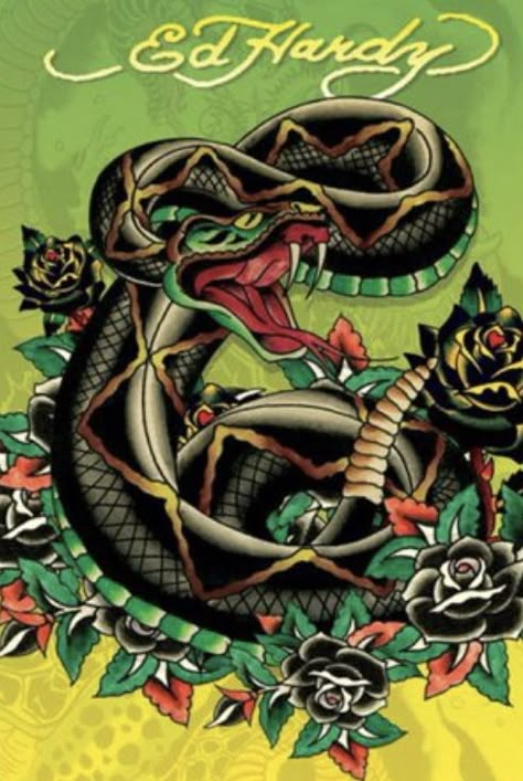 Don Ed Hardy Tattoo, Ed Hardy Art, Snake Poster, Ed Hardy Designs, Ed Hardy Tattoos, Love Kills Slowly, Don Ed Hardy, Tattoo Posters, Traditional Tattoo Flash