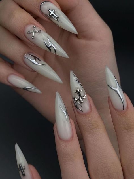 White Stiletto Nails, Wife Nails, Nail Piercing, Witch Nails, Asian Nails, Punk Nails, Gothic Nails, Goth Nails, Edgy Nails