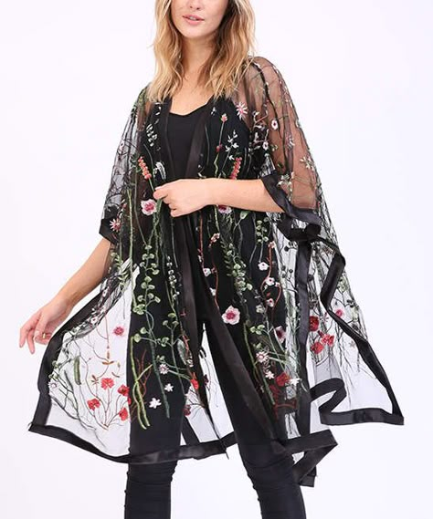 Black Floral Embroidered Sheer Kimono - Women & Plus #affiliate Outer Tulle, Dress Over Pants, Flower Kimono, Kimono Outfit, Embroidered Kimono, Sheer Kimono, Caftan Dress, Causual Outfits, Sheer Fabrics