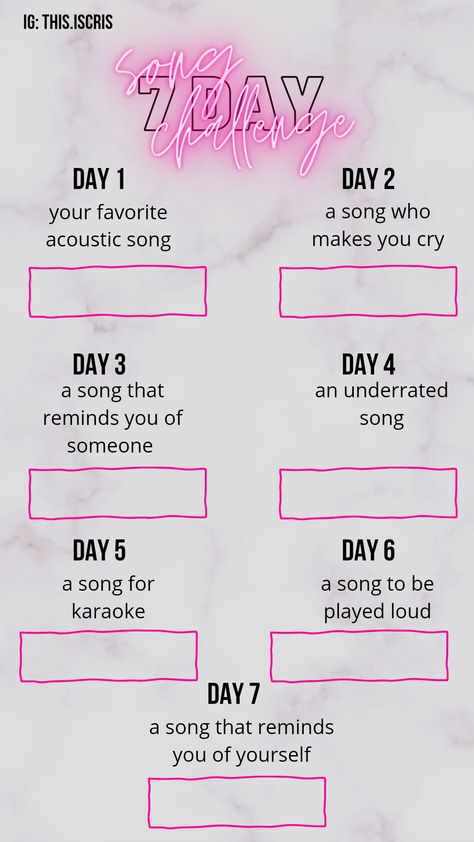 Challenge yourself and post sngs in the following themes for 7 days This is a photography challenge with 7 themes #challenge #song #songs #songschallenge #7days #7dayssongschallenge #7dayschallenge 7 Day Challenge Ideas, Song Challenge Instagram, Kpop Template, No Sugar Challenge, Insta Tricks, Music Challenge, 30 Day Song Challenge, Song Challenge, 7 Day Challenge