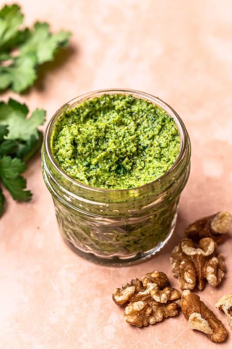 Walnut cilantro pesto is a versatile sauce, based on a classic pesto recipe. Walnuts are an excellent plant based source of omega 3 fatty acids. Canning Pesto, Walnut Pesto Recipe, Classic Pesto Recipe, Dairy Free Pesto, Dip Dip, Walnut Sauce, Different Nuts, Roast Vegetables, Cilantro Pesto