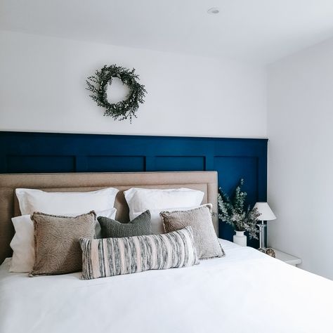 Dark Blue panelling Navy Blue Wall Paneling Bedroom, Dark Blue Bedroom Panelling, Blue Panel Bedroom, Dark Blue Panelling, Blue Panelling Bedroom, Navy Panelling Bedroom, Blue Panelling, Navy Bedroom Walls, Dark Blue Bedroom Walls