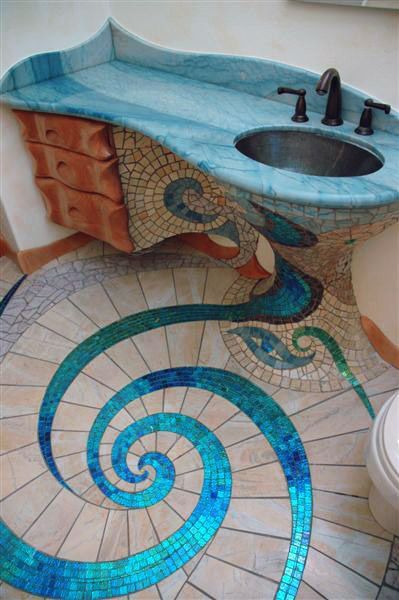 Salle de bain... designed by Lance Jordan (2) Blue Mosaic Bathroom, Unusual Bathrooms, Mosaic Bathroom Tile, Beach Bathroom, Mosaic Bathroom, Mosaic Floor Tile, Blue Mosaic, Mosaic Flooring, Glass Mosaic Tiles