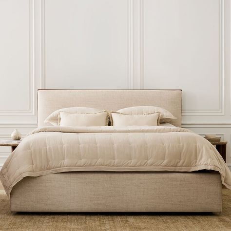 Schaefer Wood Trim Low Profile Bed Uplostered Bed, Modern Italian Farmhouse, Moody Minimalist, West Elm Bedding, Italian Farmhouse, Low Profile Bed, Moody Bedroom, Modern Upholstery, Linen Quilt